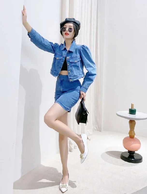 High waist long sleeve skirt pinched waist jacket 2pcs set Print Jacket Jacquard Jacket Patchwork Jacket