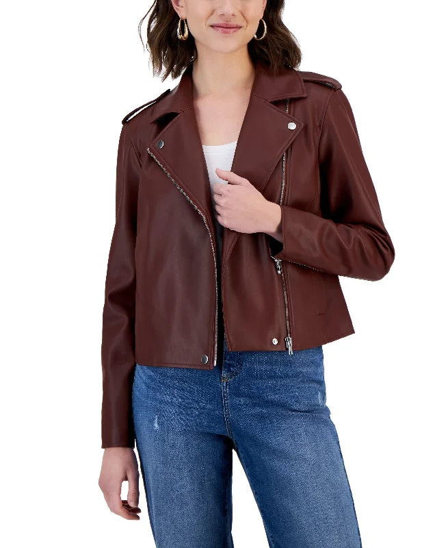 International Concepts Womens Faux Leather Jacket Snapped Jacket Toggled Jacket Drawstring Jacket
