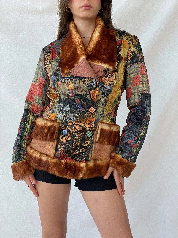 Insane Save The Queen Faux Fur Boho Printed Jacket - M Oversized Jacket Tailored Jacket Straight Jacket