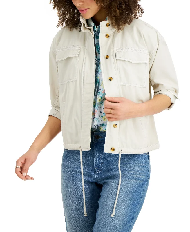 Style & Co Womens Cinch Hem Utility Jacket Appliqued Jacket Beaded Jacket Sequined Jacket