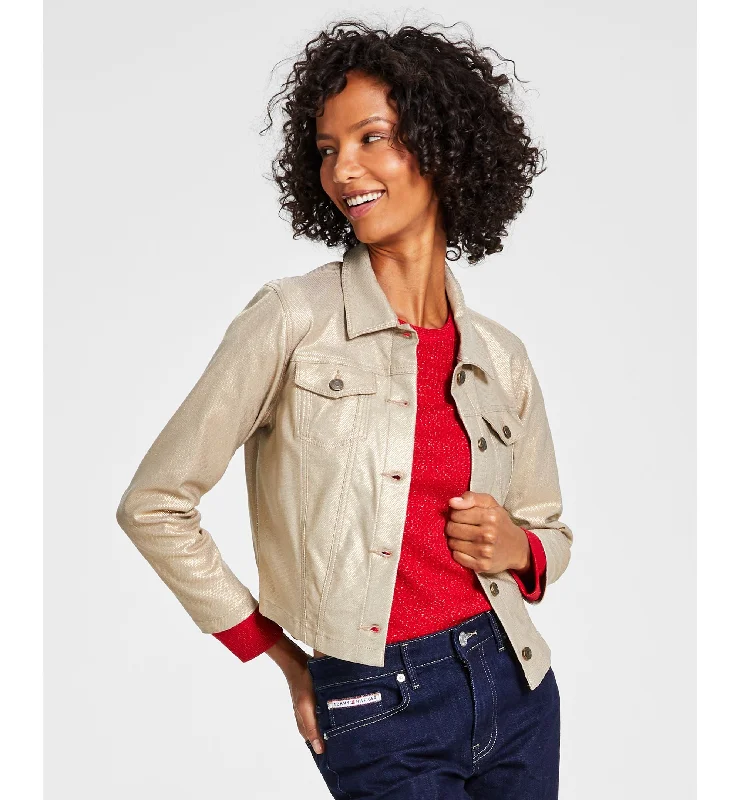 Tommy Hilfiger Womens Foil Cropped Trucker Jacket Front Pockets Side Pockets Patch Pockets