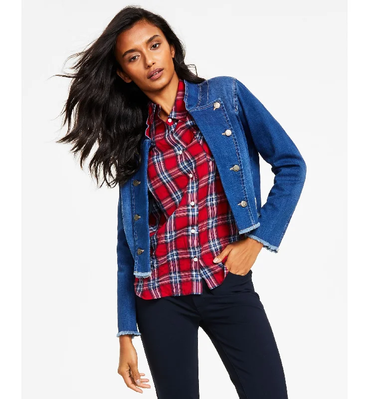 Tommy Hilfiger Womens Frayed Edge Denim Jacket Oversized Jacket Tailored Jacket Straight Jacket