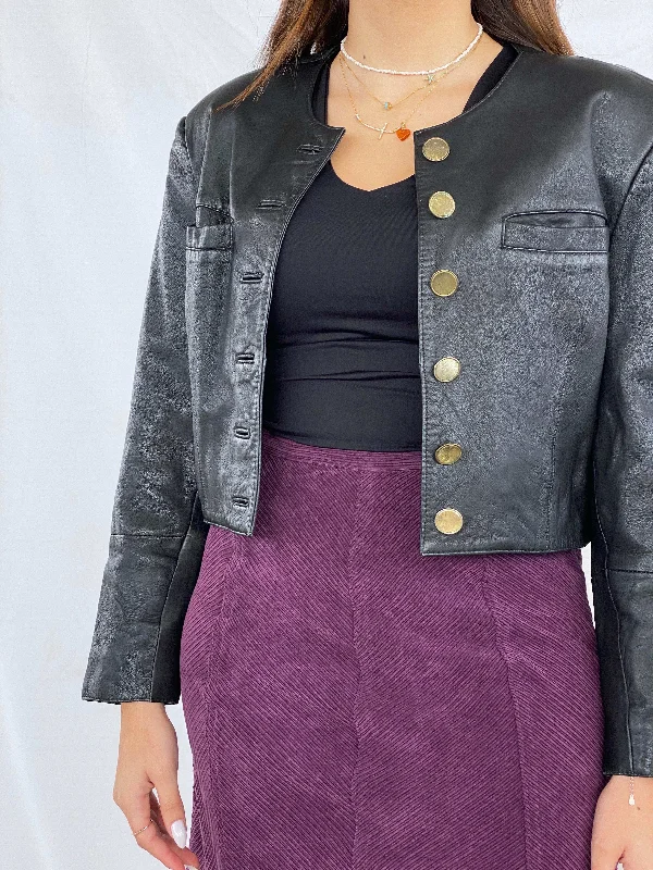 Vintage Gold Buttoned Cropped Genuine Leather Jacket Fleece Fabric Down Fabric Feather Fabric