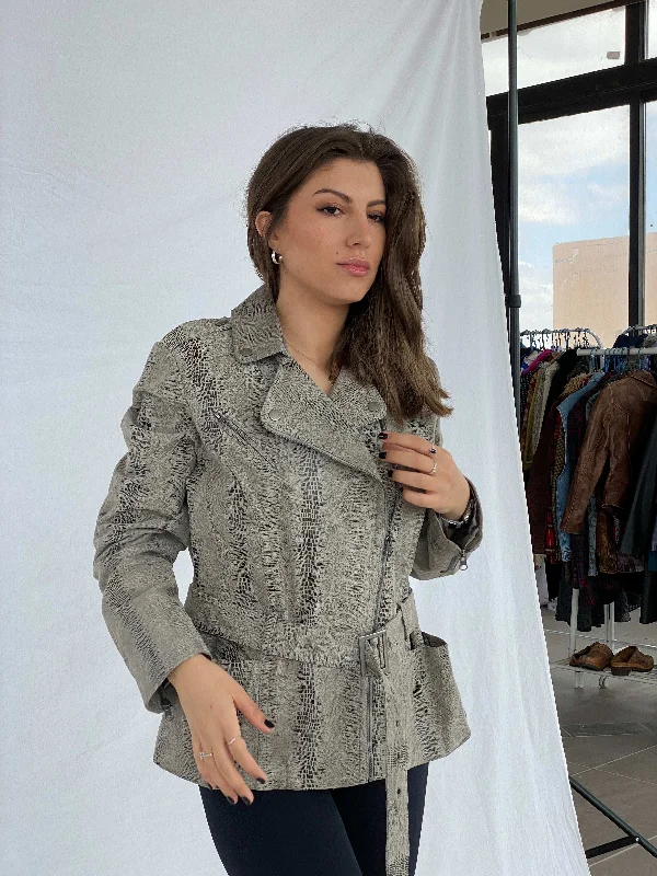 Vintage Snake Print Genuine Leather Biker Jacket Size XL Toggled Jacket Drawstring Jacket Belted Jacket