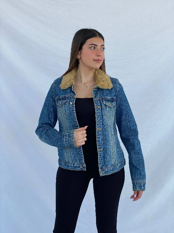 Vintage Y2K Calvin Klein Denim Fur-Lined Fitted Jacket Size M Hoodie Zip-Up Jacket Button-Up Jacket