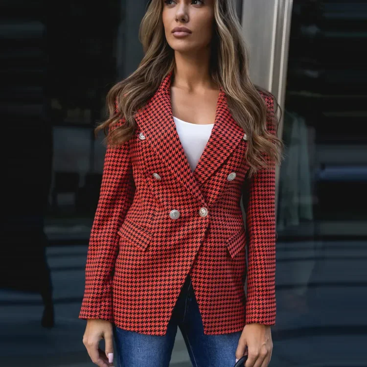 Women Fashion Double-Breasted Houndstooth Blazer Jacket Mesh Jacket Canvas Jacket Denim Jacket