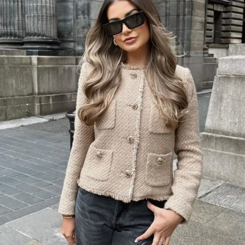 Women Fashion Metal Button Single-Breasted Long Sleeve Jacket Knit Fabric Woven Fabric Fleece Fabric