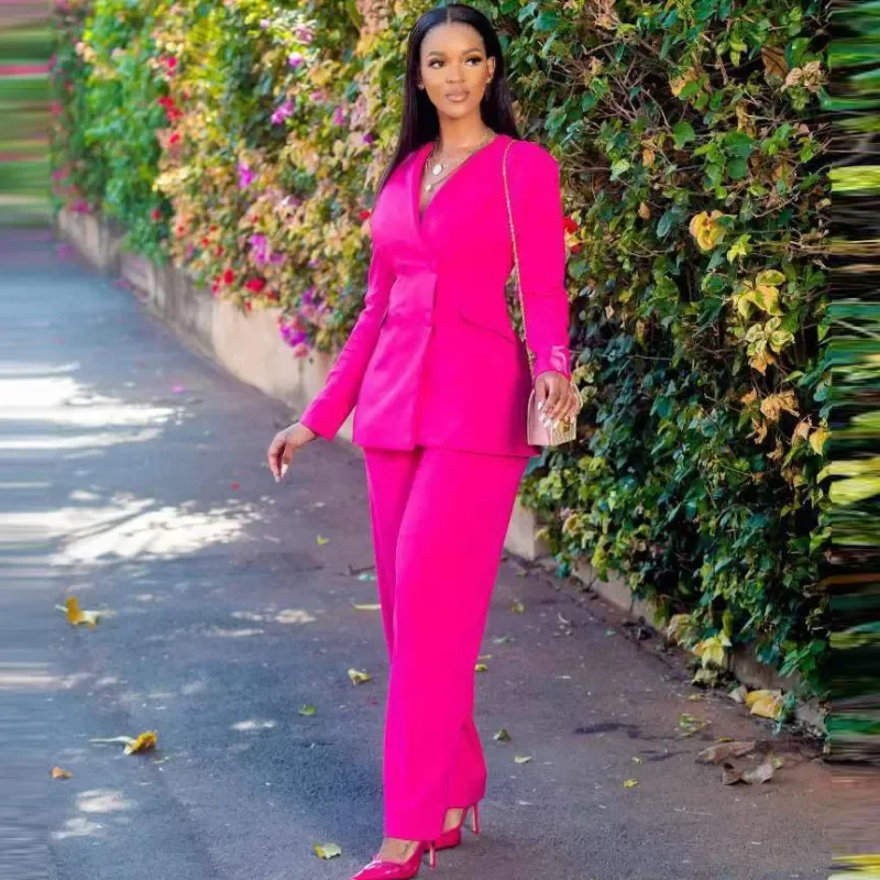 Women Fashion Solid Color V-Neck Long Sleeve Blazer Jacket Wide Leg Pants Two-Piece Set Snapped Jacket Toggled Jacket Drawstring Jacket