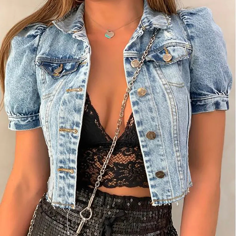 Women Fashion Vintage Frayed Denim Short Sleeve Single-Breasted Jacket Herringbone Jacket Houndstooth Jacket Plaid Jacket