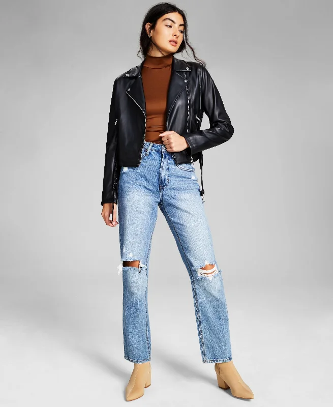 Women's Belted Faux-Leather Moto Jacket Anorak Shell Jacket Lightweight Jacket