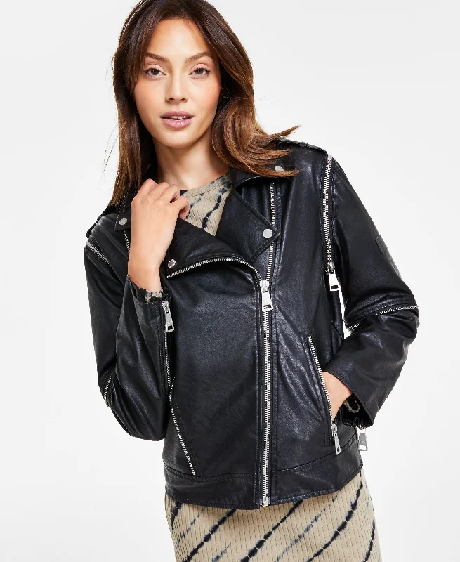 Women's Faux-Leather Zip-Detail Moto Jacket Denim Jacket Leather Jacket Suede Jacket
