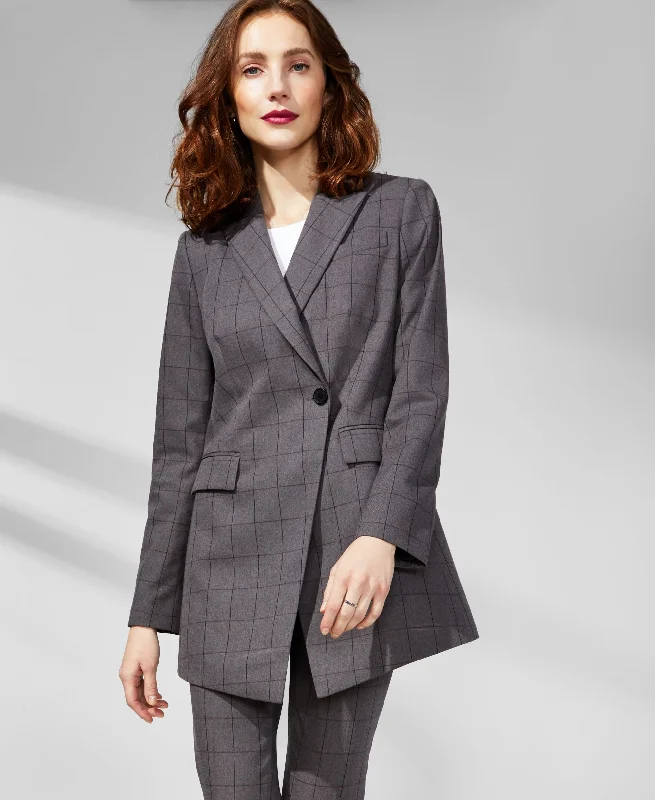 Women's One Button Windowpane Jacket Bomber Jacket Anorak Windbreaker
