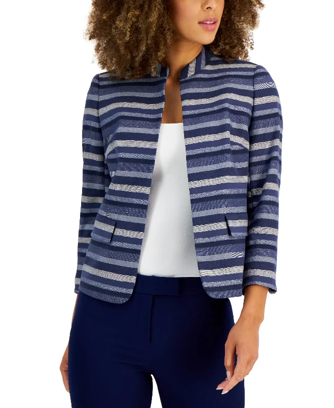 Women's Striped Band-Collar Jacket Welt Pockets Slit Pockets Flap Pockets