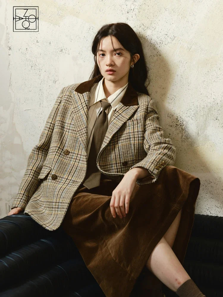 ZIQIAO 100% Wool Brown Retro Woolen Suit Jacket For Women's 2023 Winter New Plaid Short Jacket Solid Women Jackets Casual Nylon Fabric Polyester Fabric Spandex Fabric