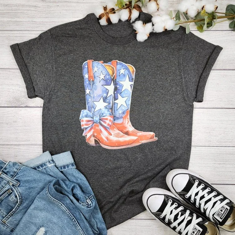 4th Of July Boots And Bows T-shirt Notch Collar Peter Pan Collar Cowl Neck