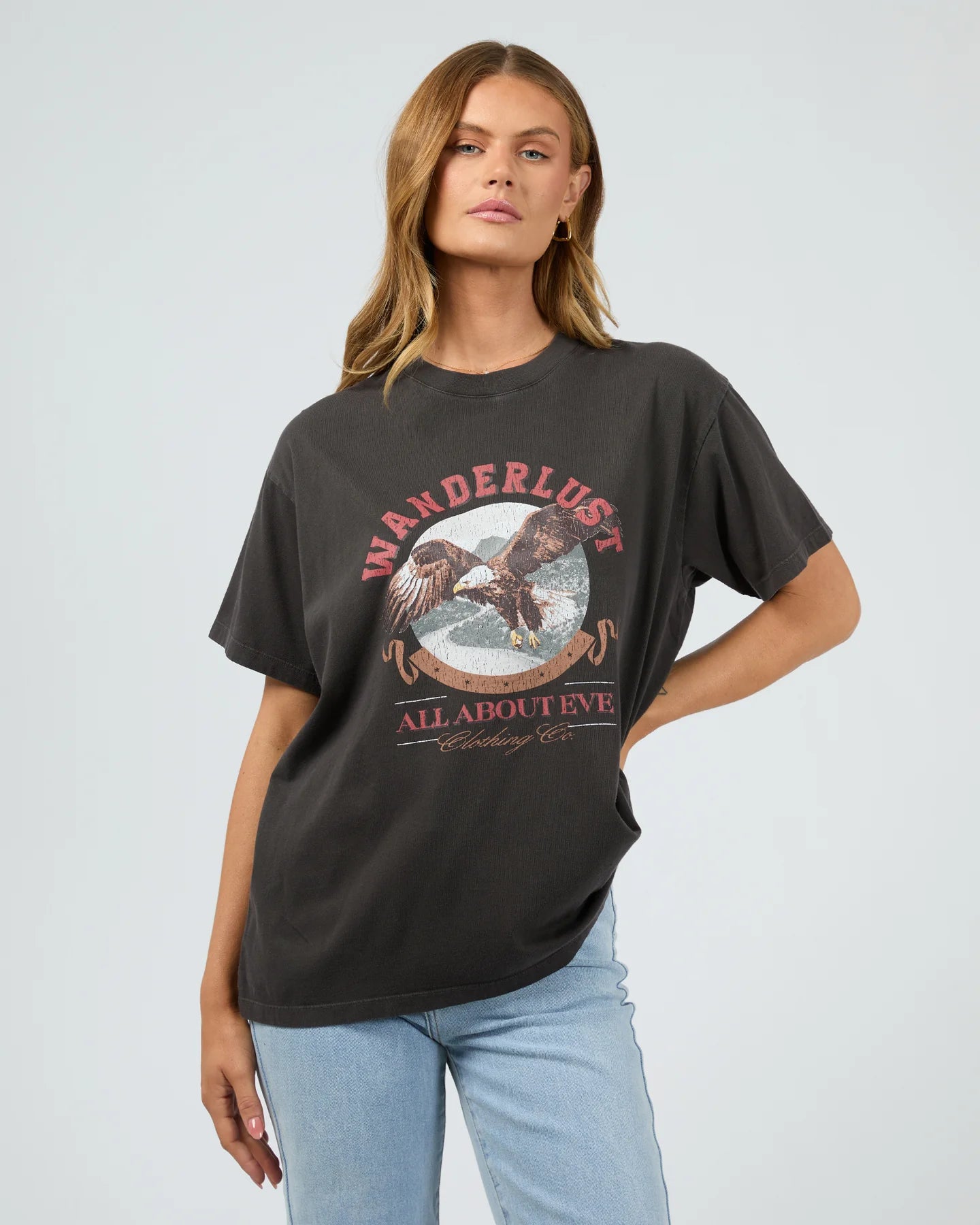 ALL ABOUT EVE WANDERLUST OVERSIZED TEE WASHED BLACK Graphic T-Shirt Round Neck Polyester