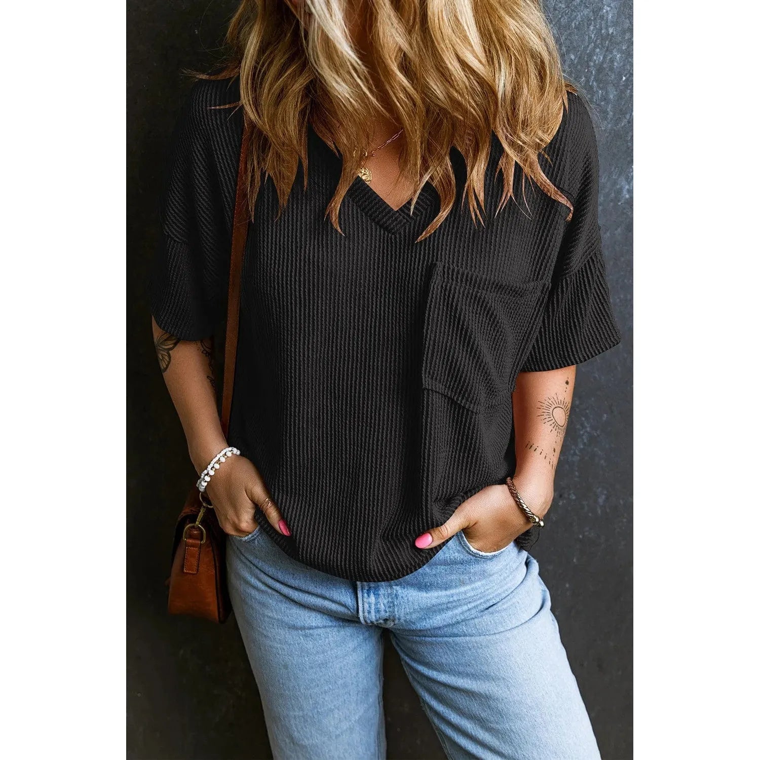 Black Corded V Neck Chest Pocket Loose T-shirt Lace Blend Ribbed Blend Corduroy Blend