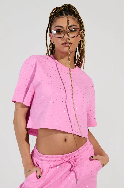 BLOSSOM RHINESTONE EMBELLISHED CROPPED T-SHIRT IN PINK Chenille Fabric Brocade Fabric Lace Fabric