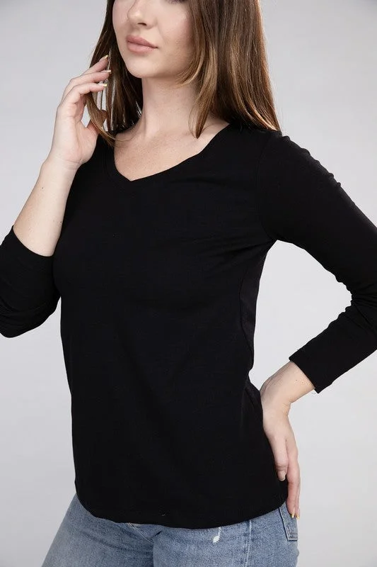 Cotton V-Neck Long Sleeve T-Shirt Solid Color Striped Floral