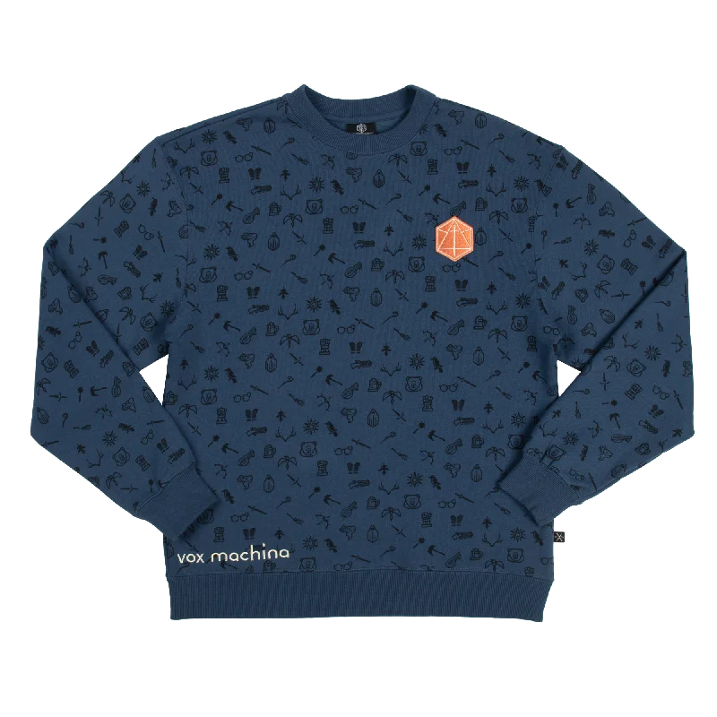 Toss Pattern Icons Blue Crew Sweatshirt Asymmetrical Pockets Print