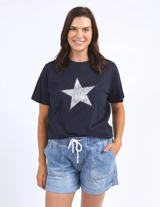 ELM SPARKLE STAR TEE NAVY Notch Collar Peter Pan Collar Cowl Neck