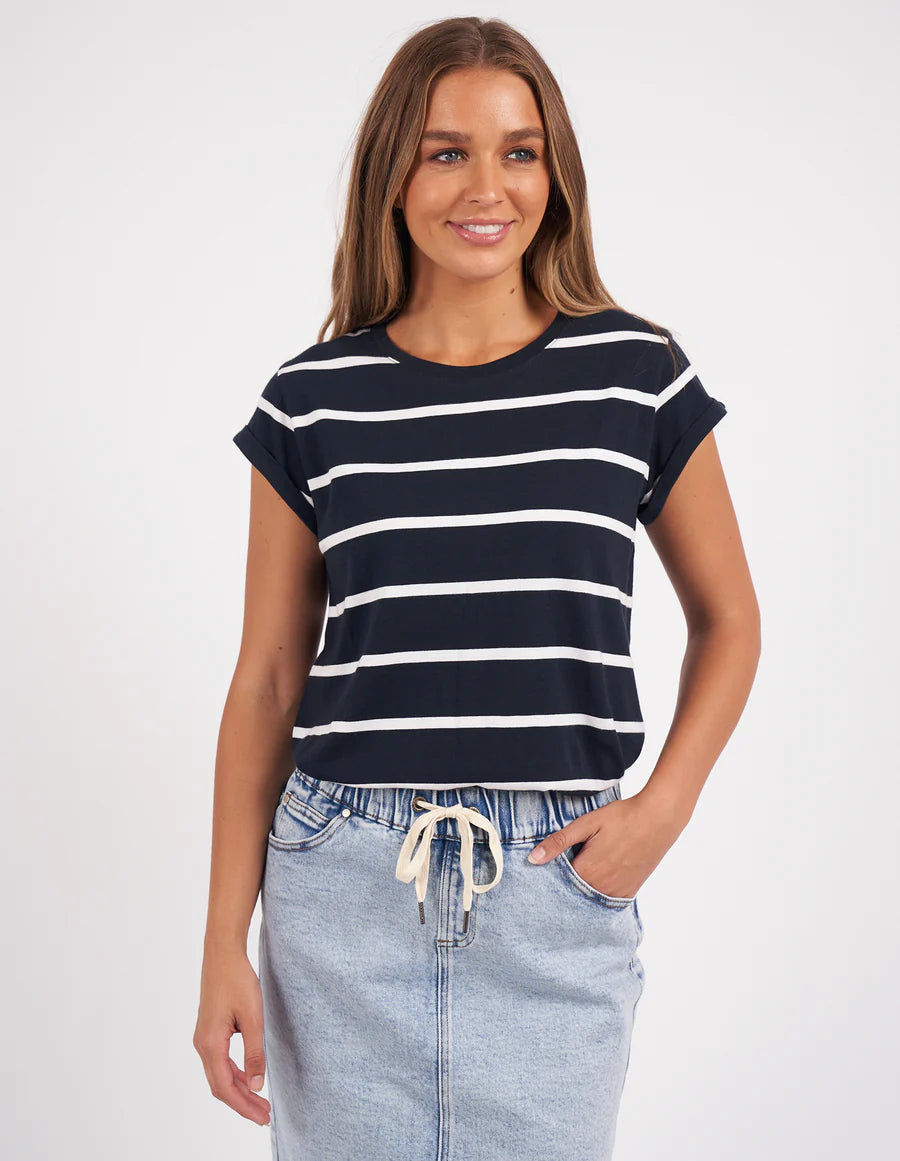 FOXWOOD MANLY STRIPE TEE NAVY Basic T-Shirt Crew Neck Short Sleeve