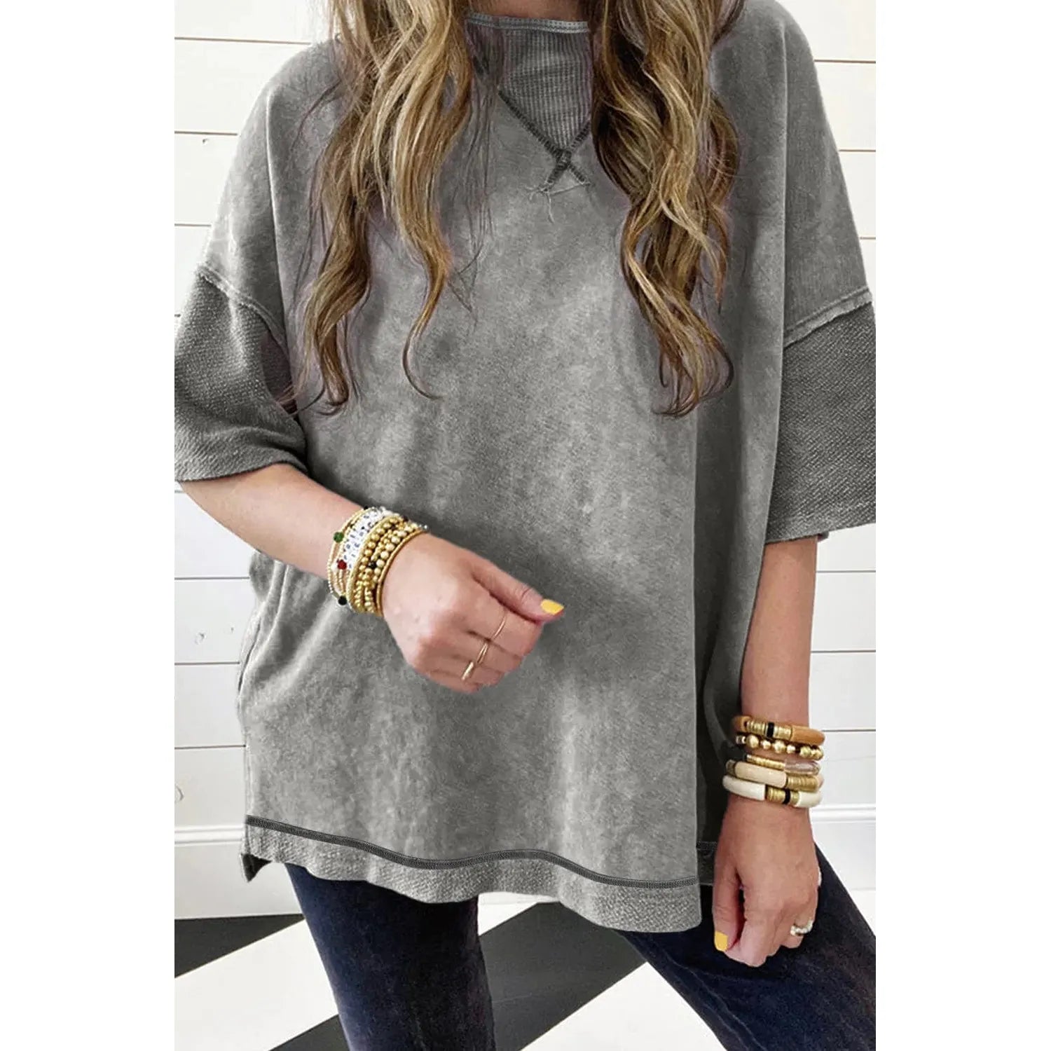 Philippine Gray Mineral Wash Exposed Seam Drop Shoulder Oversized Tee Striped Floral Plaid