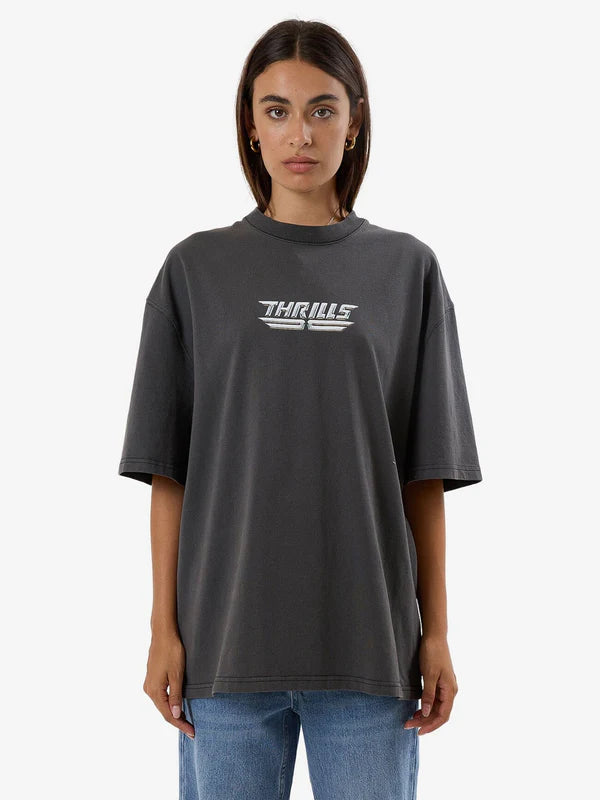 THRILLS HIGH SHINE OVERSIZED TEE MERCH BLACK V-Neck T-Shirt Long Sleeve Cotton