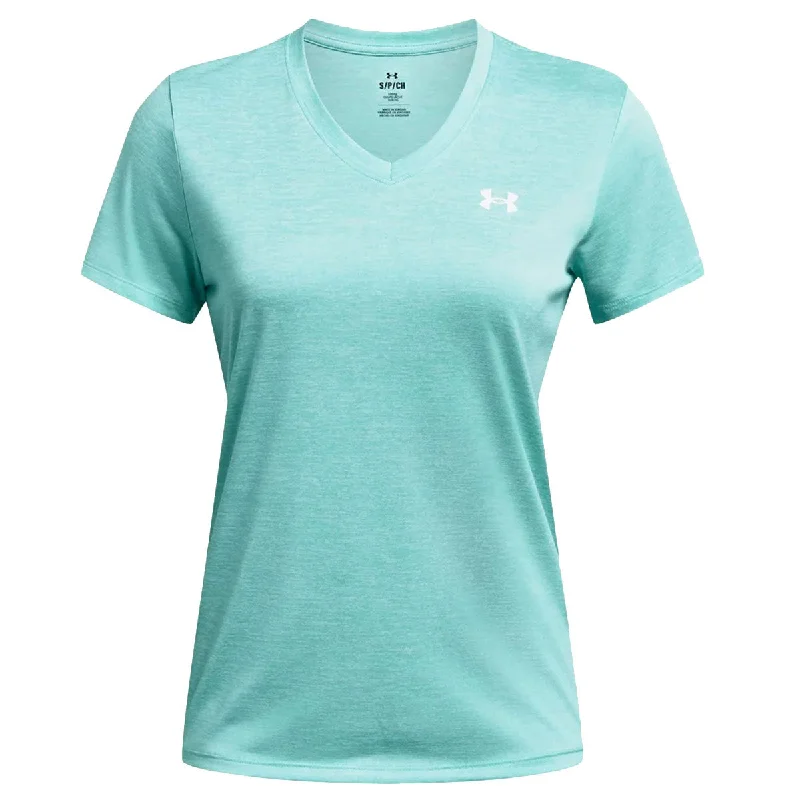 Under Armour Tech Twist V-Neck Short Sleeve Tee - Womens - Radial Turquoise/White Mesh Canvas Denim