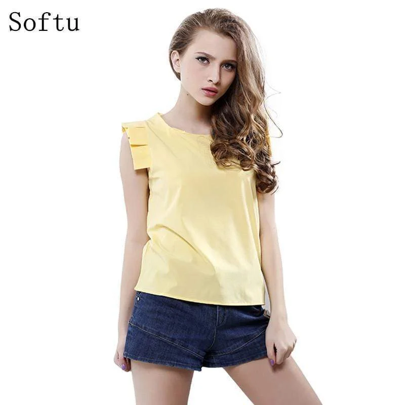 Women Short Ruffled Sleeve Solid Shirt Top Mesh Blend Leather Blend Suede Blend