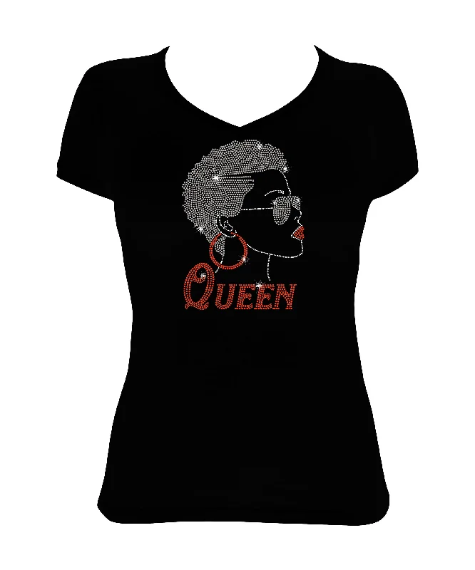 Women's Rhinestone Fitted Tight Snug Shirt Afro Girl with Short Hair and Glasses - Hoop Earrings, Queen Front Pockets Side Pockets Patch Pockets