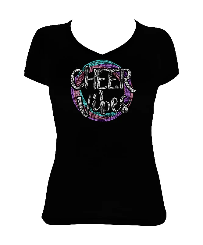 Women's Rhinestone Fitted Tight Snug Shirt Colorful Cheer Vibes - Cheer Shirt, Cheer Bling Front Pockets Side Pockets Patch Pockets