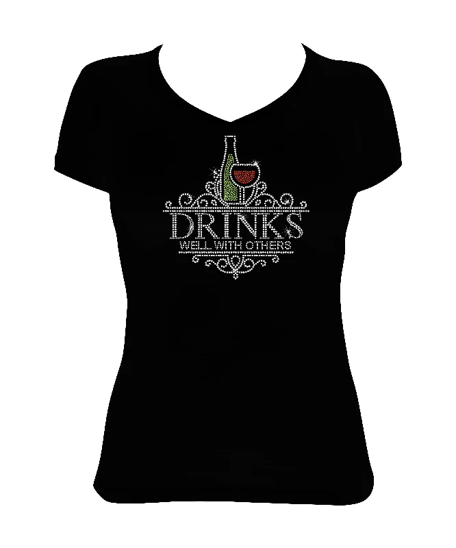 Women's Rhinestone Fitted Tight Snug Shirt Drinks Well with Others - Wine Glass and Wine Bottle Sequined Glittery Shiny