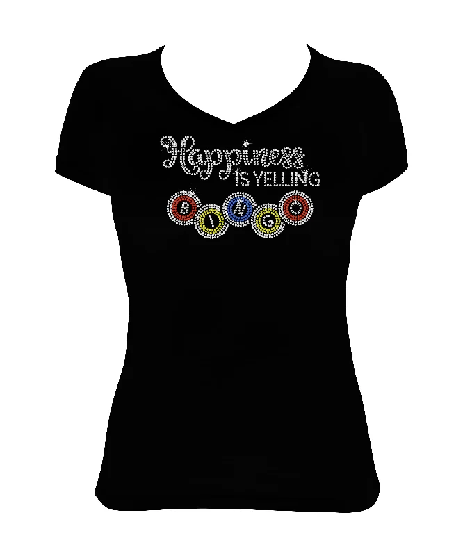 Women's Rhinestone Fitted Tight Snug Shirt Happiness is Yelling Bingo - Bingo Shirt, Bing Night Cozy Warm Stylish