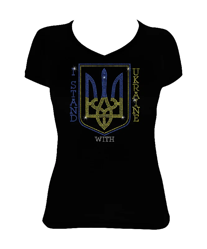 Women's Rhinestone Fitted Tight Snug Shirt I Stand with Ukraine - Trident, Support for Ukraine Elegant Classic Vintage