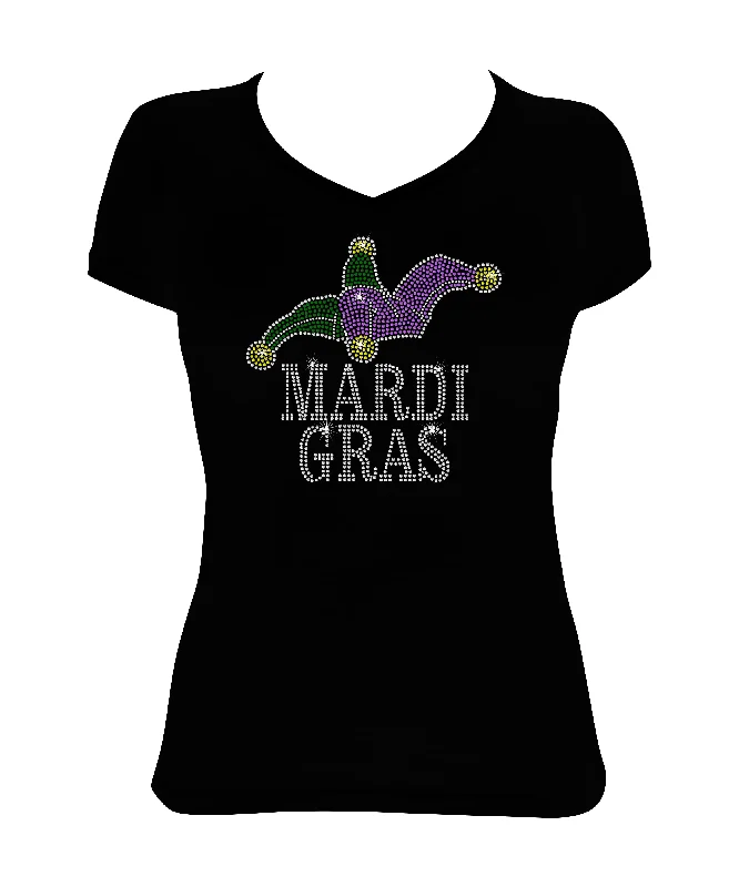 Women's Rhinestone Fitted Tight Snug Shirt Mardi Gras with Jester Hat Ribbed Striped Patterned