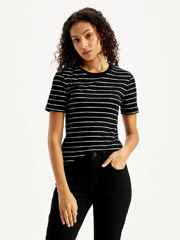 Women's Striped Regular Fit T-Shirt Welt Pockets Slit Pockets