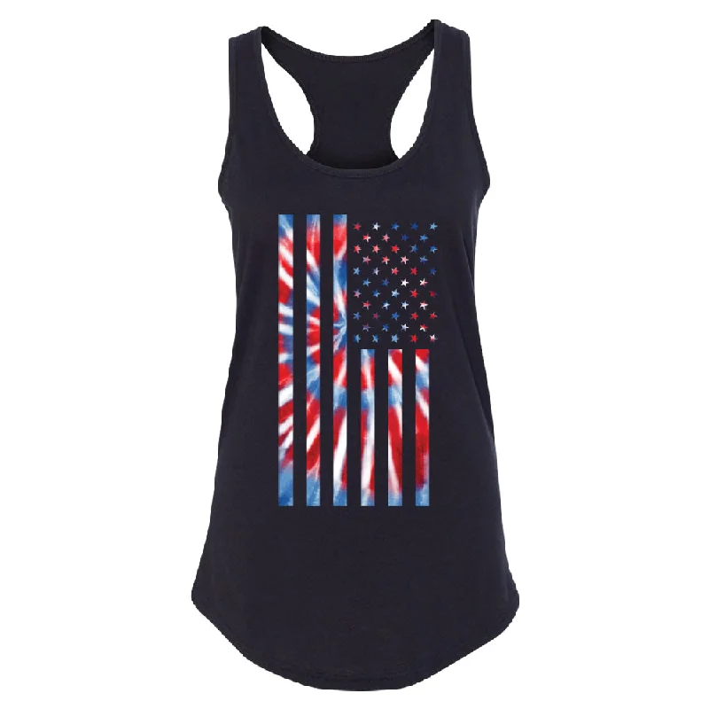 Zexpa Apparelâ„¢ Patriotic Tie Dye American Flag Women's Racerback 4th of July USA Shirt Oversized T-Shirt Spandex breathable