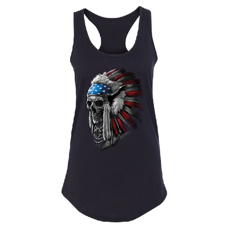 Zexpa Apparelâ„¢ Patriotic Headdress Chief Skull Women's Racerback 4th of July USA Flag Shirt Anti-Pilling Machine Wash Handmade