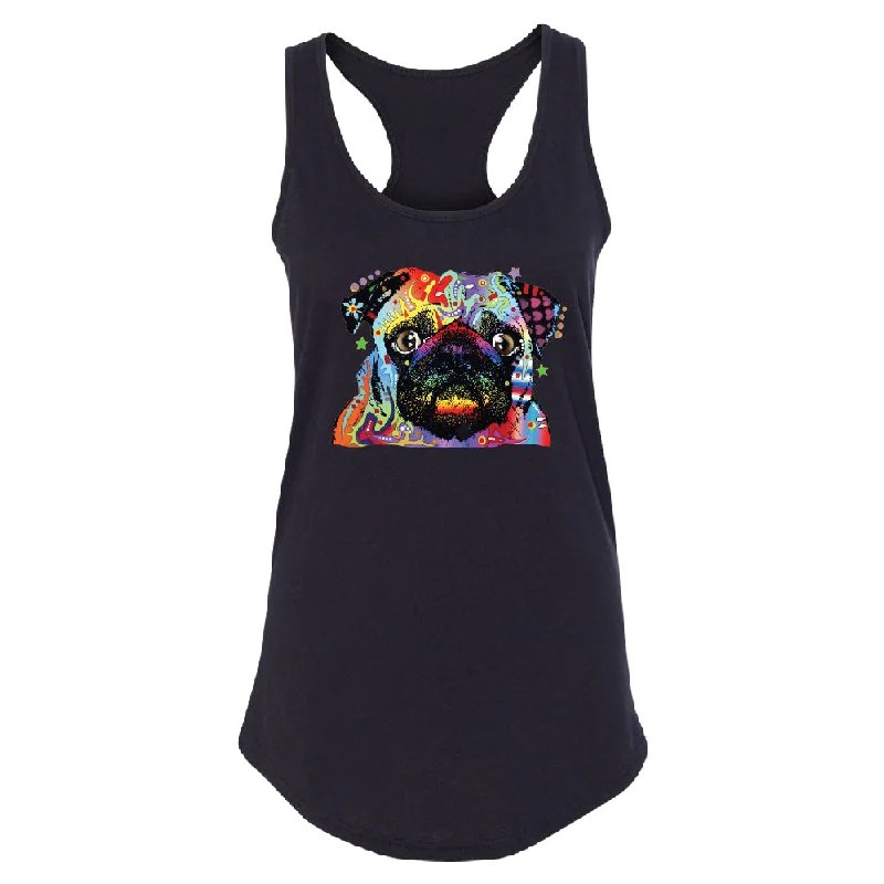 Zexpa Apparelâ„¢ Official Dean Russo Colorful Pug Women's Racerback Neon Cute Dog Shirt Mesh Blend Leather Blend Suede Blend