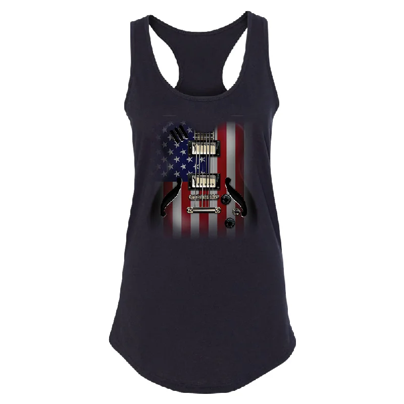 Zexpa Apparelâ„¢ Patriotic American Flag Guitar Women's Racerback 4th of July USA Shirt Lace Blend Ribbed Blend Corduroy Blend