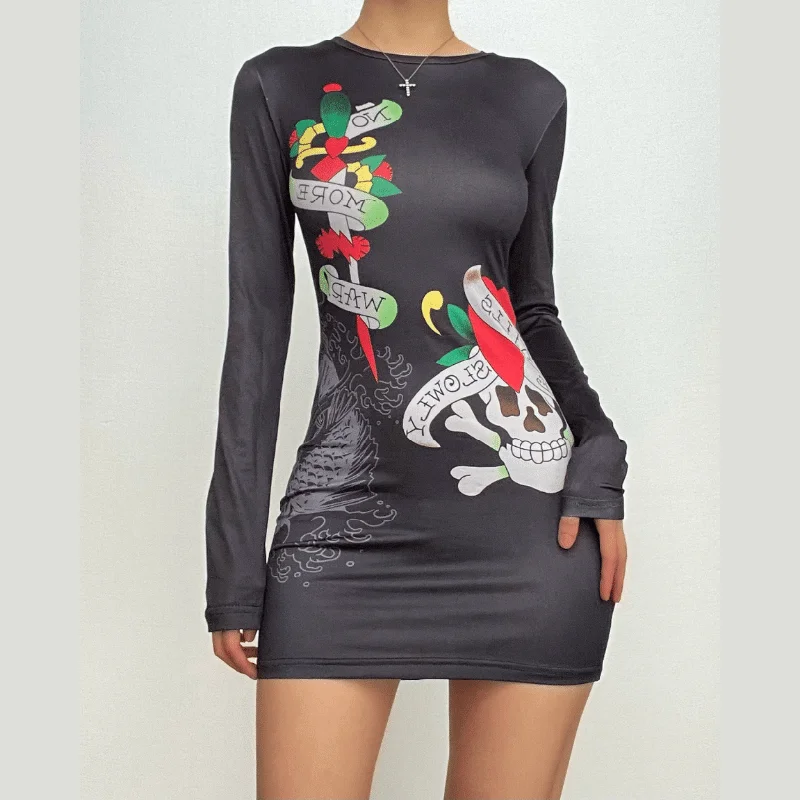 Abstract contrast long sleeve crewneck mini dress Classic Black Mini Dress