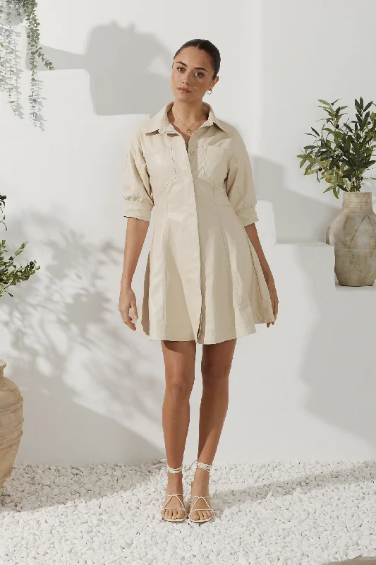Aida Beige Faux Leather PU Mini Dress Comfortable Casual Mini Dress