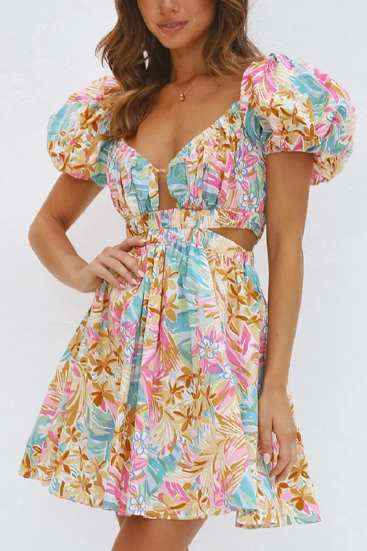 Backless Floral Short Sleeve Mini Dress Elegant Mini Dress with Ruffles