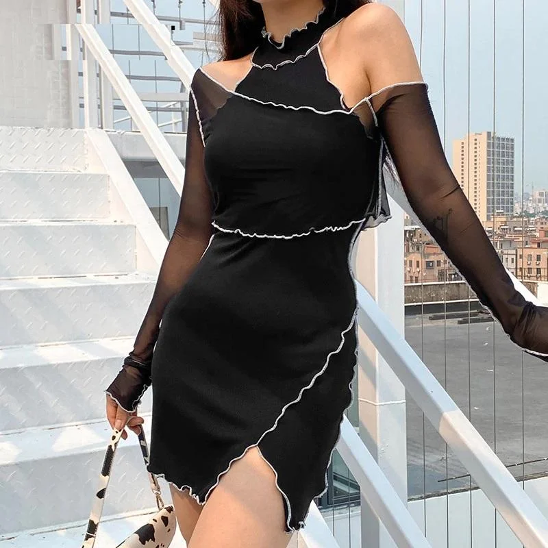 Black Frill Mini Dress Stylish Sweetheart Neck Mini Dress