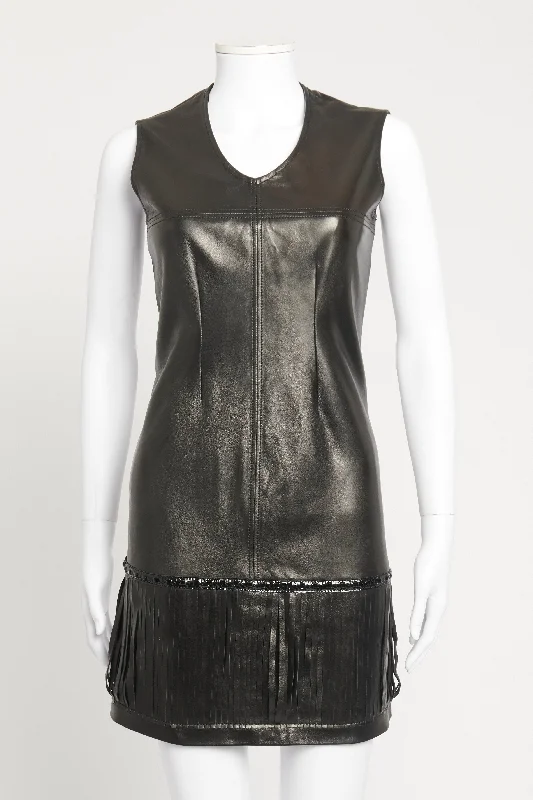 Black Leather Fringed Preowned Mini Dress Elegant Floral-Print Mini Dress