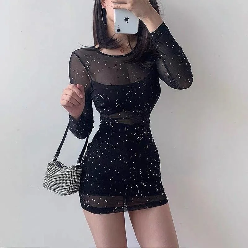 Black Shiny Mini Dress Trendy Cut-Out Mini Dress