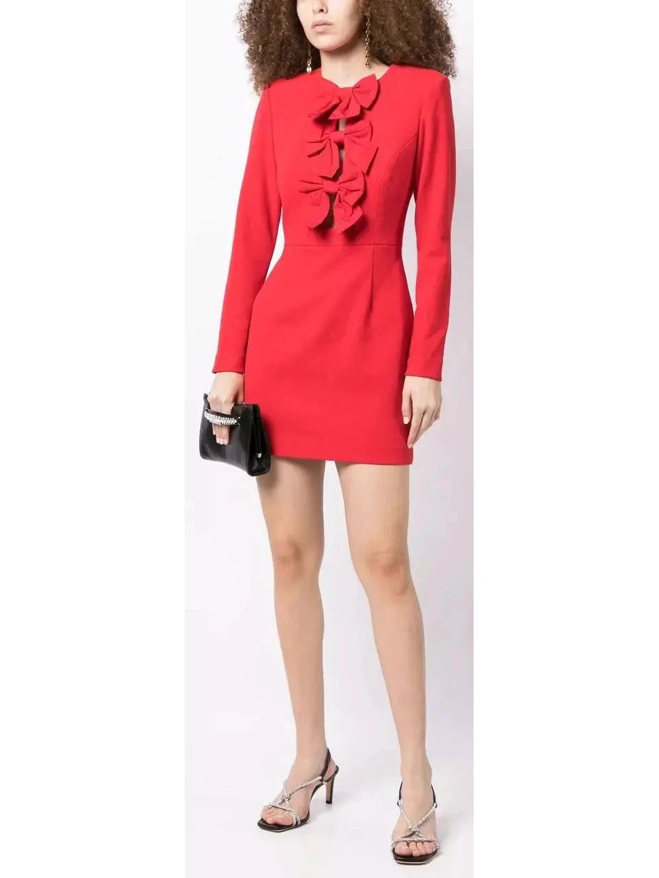 Bow-Embellished Scarlet Red Mini Dress Stylish Short-Sleeve Mini Dress