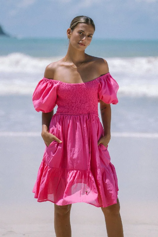 Brielle Hot Pink Puff Sleeve Mini Dress Fashionable Mini Dress with Frills