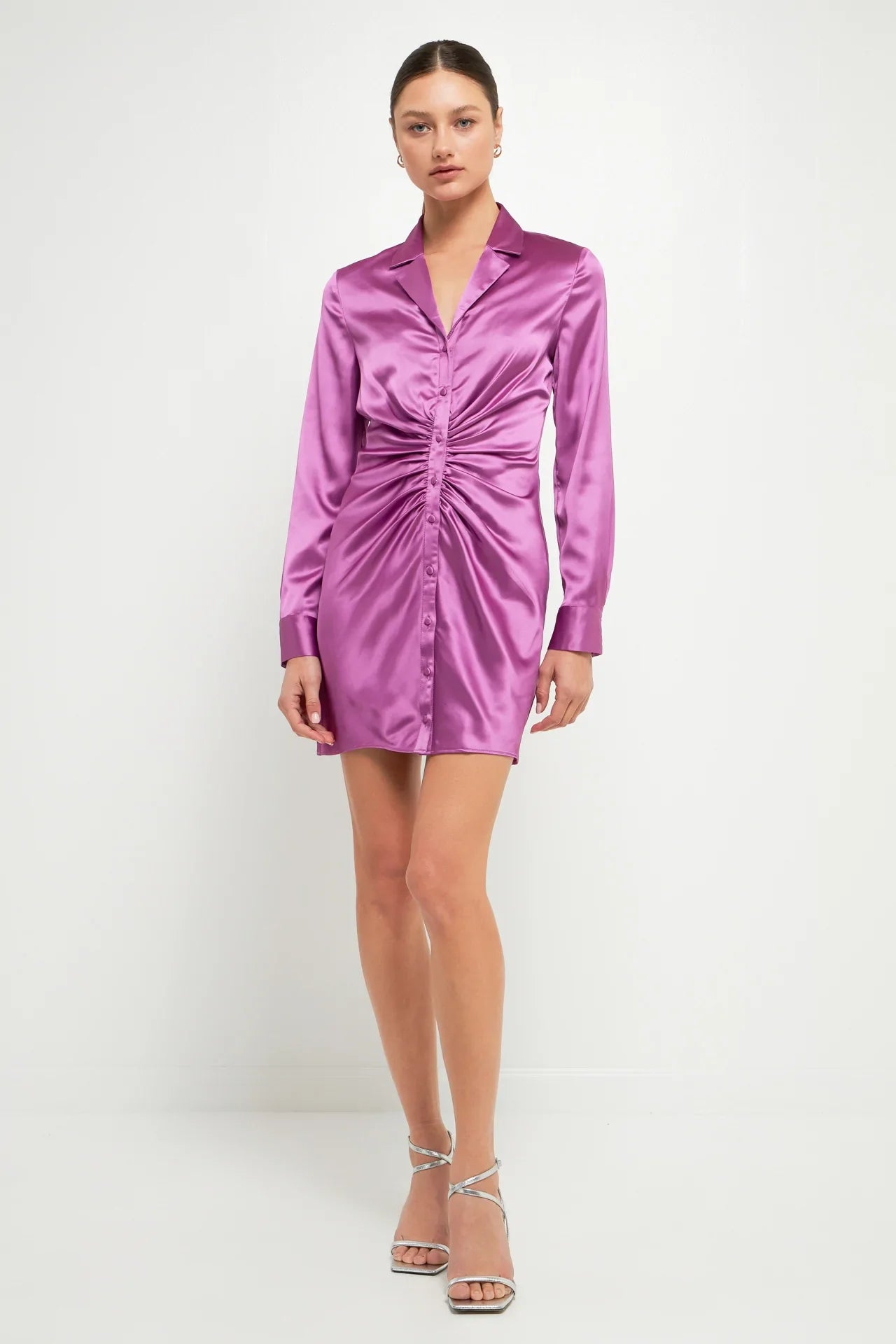 Endless Rose - Satin Ruched Long-Sleeve Mini Dress Stylish Button-Down Mini Dress